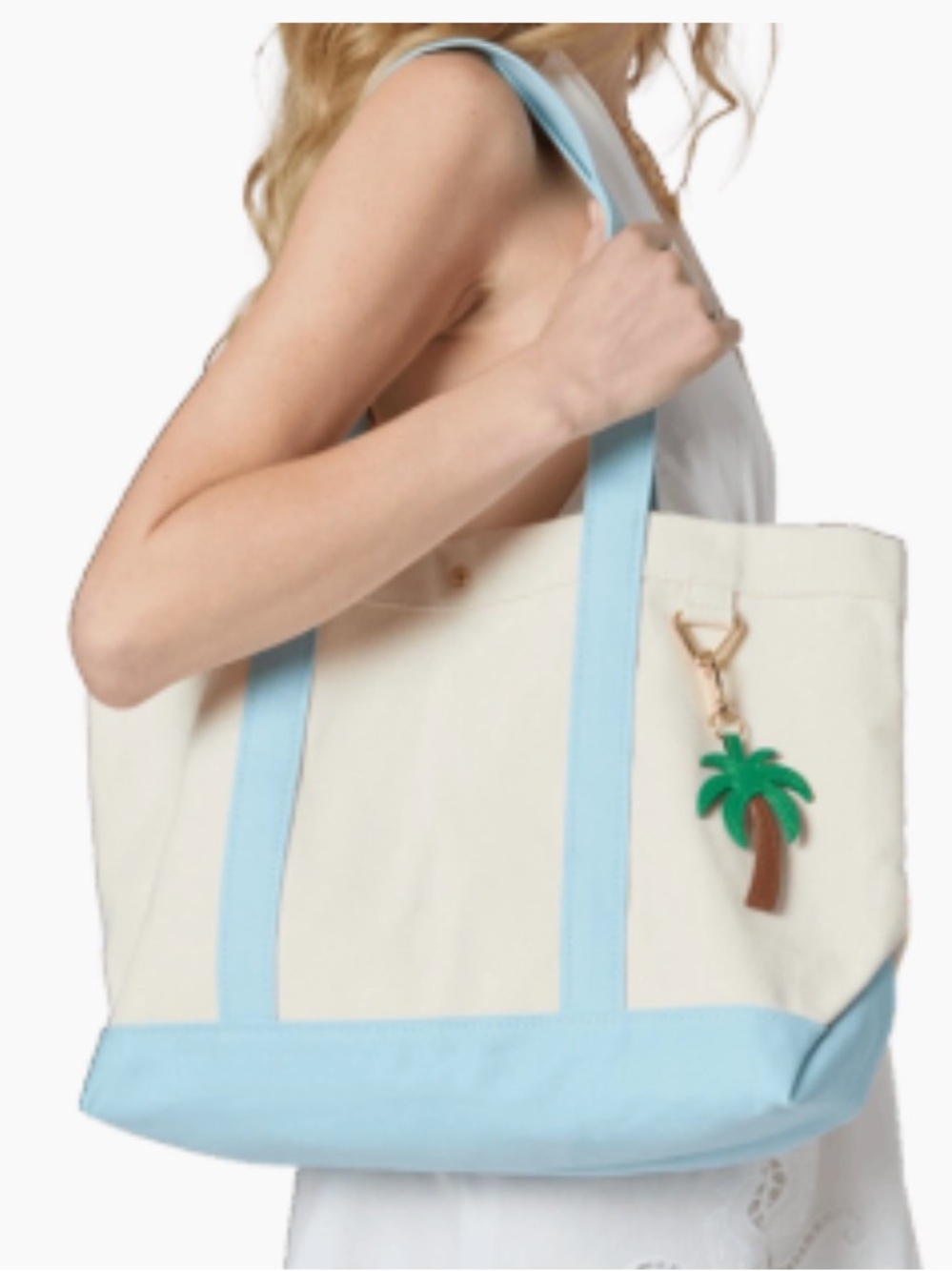 BaubleBar Cream and Light Blue Canvas Tote with Palm Charm Keychain